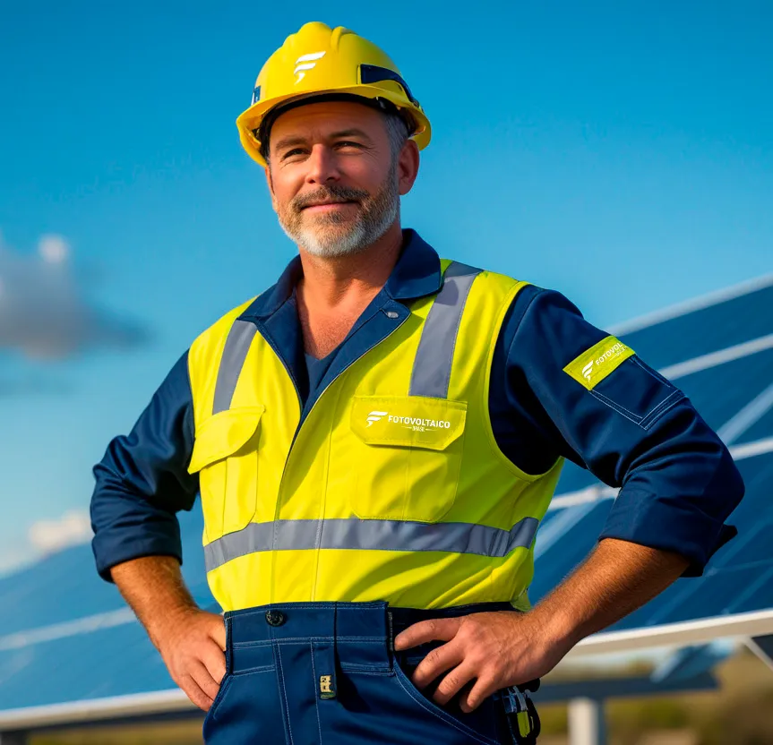 Engenheiro fotovoltaivo com seus braços sobre sua cintura, uniformizado com EPI, em frente a um sistema rural de energia solar
